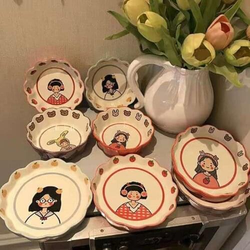 Assiette Ce Platos Japanese Cutlery Cute Girl Bear Salad Bowl Retro Home Cartoon Ceramic Fruit Plate Net Red Breakfast Tableware