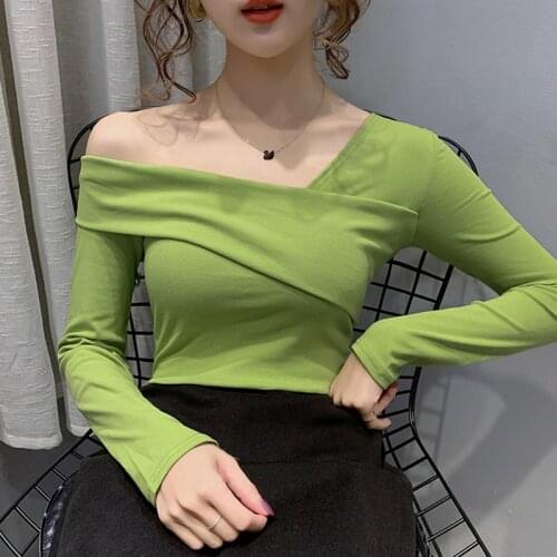 New Slash Neck T Shirt Women Off Shoulder Top Cotton Tshirt Woman Elasticity T-Shirt Casual Womens Long Sleeve Tops Spring 2020
