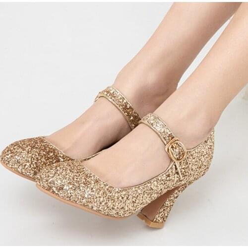 COOLULU High Heels Women Pumps Glitter Block High Heels Wedding Shoes Buckle Round Toe Red Bridal Shoes Ladies Spring Size