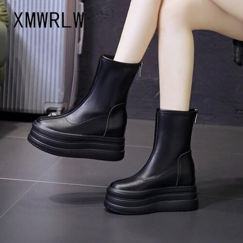 XMWRLW Women Leather Mid-Calf Boots 2020 Autumn Thick Sole Female Shoes Fashion Zip Women Autumn Shoes Heels Mid-Calf Boots