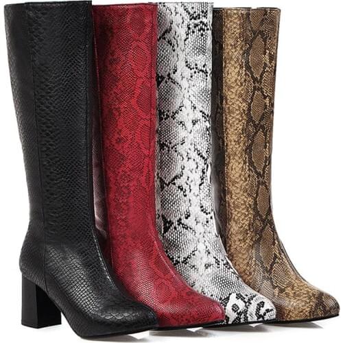 Fashion Serpentine PU Leather Slip On Long Boots Square Heel Comfort Winter Women Over The Knee Boots Size 34-43