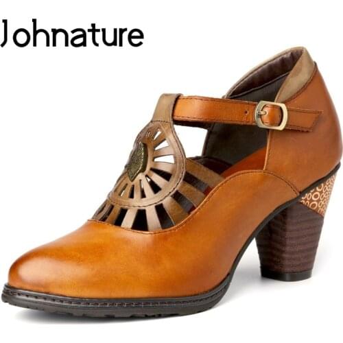 Johnature Women Shoes Pumps Genuine Leather High Heels Buckle Strap 2020 New Retro Hand Painted Shallow Leisure Ladies Shoes