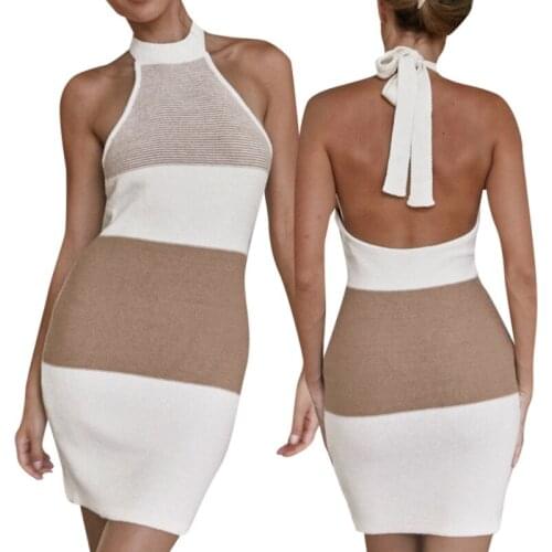 Womens Sexy Halter Knitted Skinny Dress Fashion Contrast Color Bandage Backless Short Dress 2021