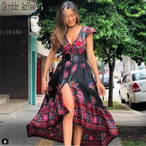 2020 Sexy Deep V-Neck Summer Boho Dress Vintage Floral Print Mid-Calf Long Female Beach Dresses Loose Elegant Black Dresses