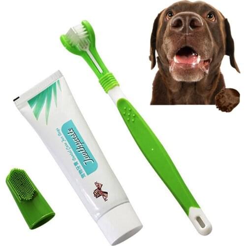 Pet Toothbrush Toothpaste Kit Three Sided Dog Brush Addition Bad Breath Tartar Teeth Care Dog Cat Cleaning Mouth Dog Toothbrush