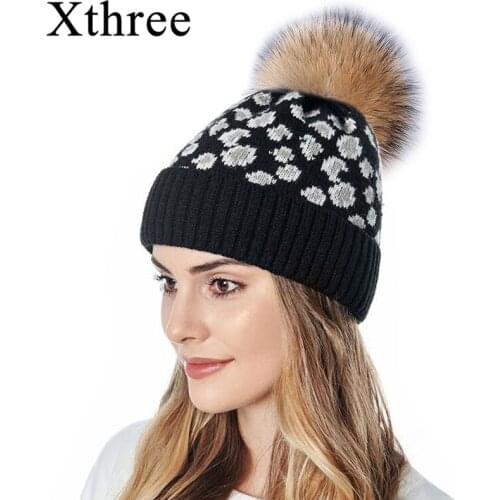 Xthree 30% Cashmere winter knitted hat for women beanies Skullies real mink fur pom poms hat for girls hat female cap