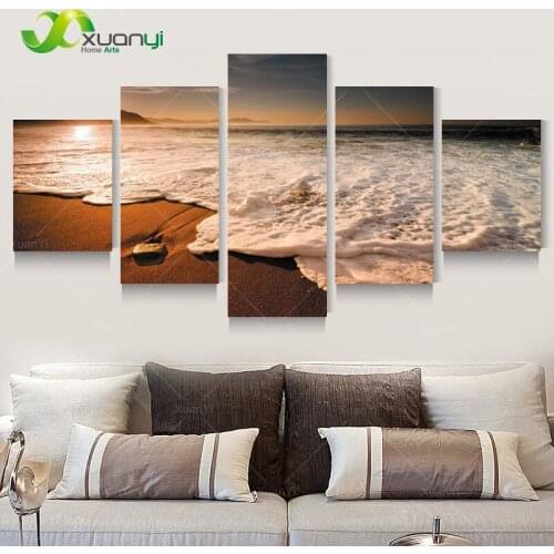 5 Panel Wall Art Modern Printed Sunset Seascape Beach Canvas Painting For Living Room Sunset Sea Beach Painting Poster Unframed