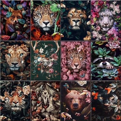 Diamond Painting Animal In Flowers Picture Lion Leopard Tiger Deer 3D Embroidery Cross Stitch 5D Home Decor Unique Gift