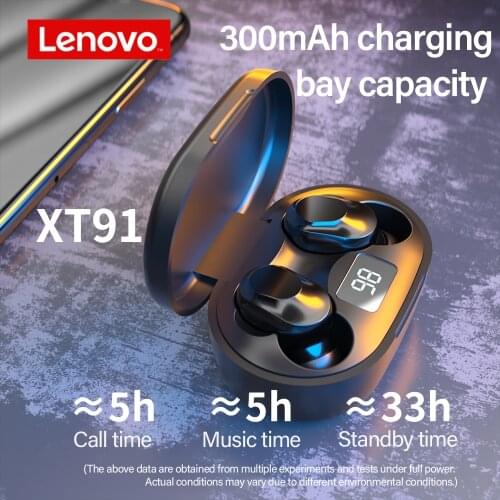 Lenovo XT91 Wireless Bluetooth Earphones TWS Earbuds Handfree Calls Headset Stereo Bass With Mic Noise Reduction Earphone