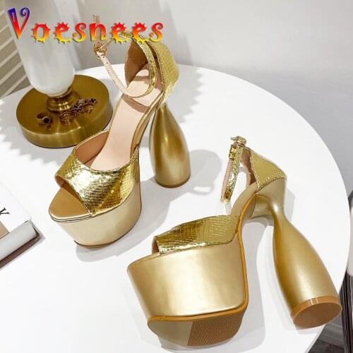 Nightclub Metallic Striptease Sandals Summer New Chunky Heel Sexy Pole Dance Walk Show Party Women Shoes 16CM Super High Heels