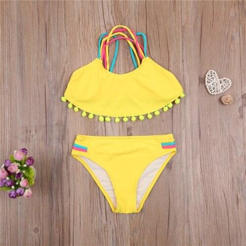 Xingqing Kids Swimsuit Set Girls Sleeveless Backless O-neck Bikini with Ball Tassels + Panties for Summer Girls Kids Swimwear