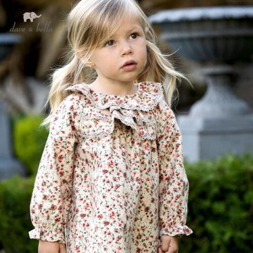 DBM18325-2 dave bella autumn baby girls cute floral print dress children fashion party dress kids infant lolita clothes
