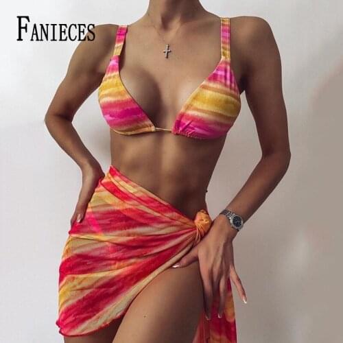 FANIECES Bikinis Set 3 Piece Tie Dye Push Up Padded Biquini Suit Female Holiday Beach Skirt Bikini Set Women Swimwear Beachwear