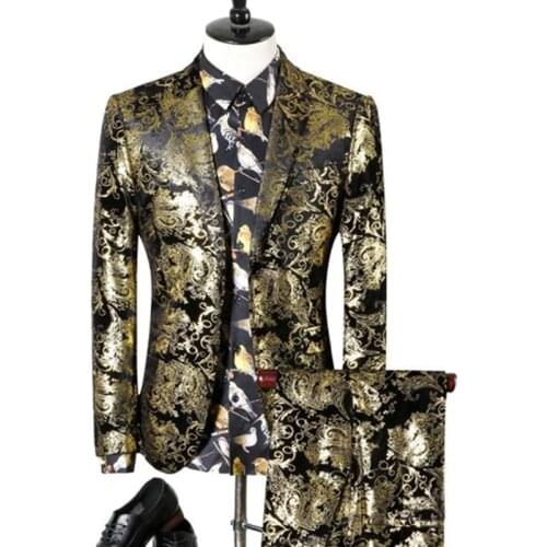 2 Pieces Sets Blazers Jacket Pants Suits / 2021 Fashion New Mens Boutique Gold Pattern Business Coat Trousers