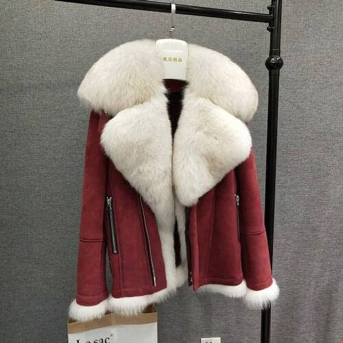 Coat Sheep Shearing Winter Real Fox Fur Collar Short Jacket for Women Clothes AKF-9977 YY920