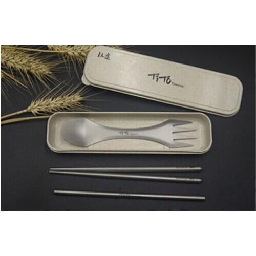 NEW Titanium Tableware Set Fork Spoon Drinking Straw Chopsticks Camping Picnic w/Box