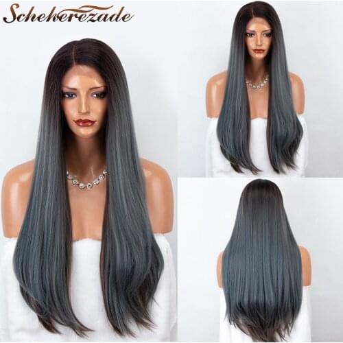 Natural Straight Synthetic Lace Front Wig Long Ombre Gray Lace Front Wig Heat Resistant Fiber Cosplay Wig For Women Scheherezade