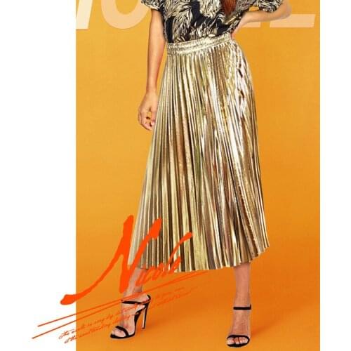 European and American style hot gold high waist mid-length skirt female 2021 new summer trend retro pleated skirt