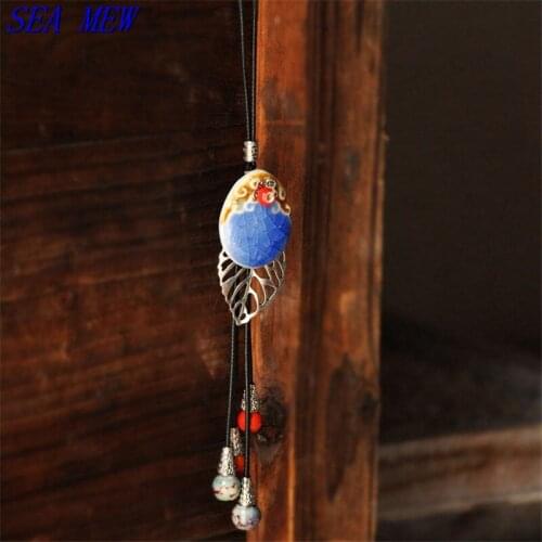SEA MEW Fashion Trendy Style Alloy Leaf Ceramic Blue Pendant Necklace Handmade Rope Long Sweater Necklace For Women Girls Gift