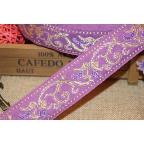 Wide 3.5cm 10yards/lot Polyester folk style Woven Jacquard Ribbon flower in purple pattern