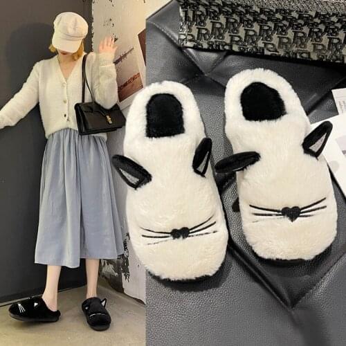 Faux Fur 40 Large Size Winter Slippers Slip On Slides Cartoon White Indoor Plush Home Animal Women Ladies Slipper Big Shoes
