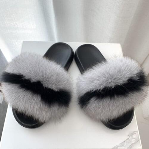 Real fox Fur Slippers Women Home Fluffy Sliders Comfort Furry Summer Flats Sweet Ladies Shoes Female Furry Indoor Flip Flops