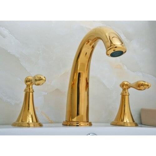 Gold Color Brass Double Handle Deck-Mount Three Hole Widespread Bathroom Lavatory Bathtub Basin Faucet Sink Mixer Tap dgf020
