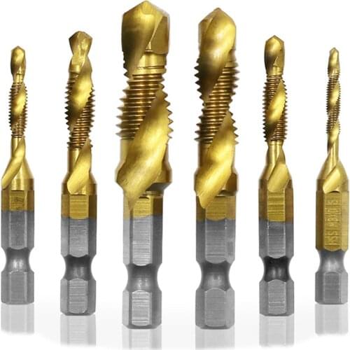 6PCS M3-M10 Screw Tap Drill Bits HSS Taps Woodworking Metric Combination Bit High Speed Steel Titanium 1/4" IN Quick Change Hex