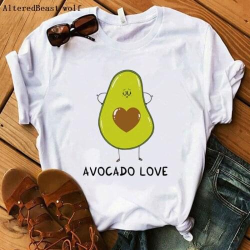 Women cartoon Avocado Love print Graphic cute t shirt women casual short sleeve vogue t shirt female summer 2019 tops tee