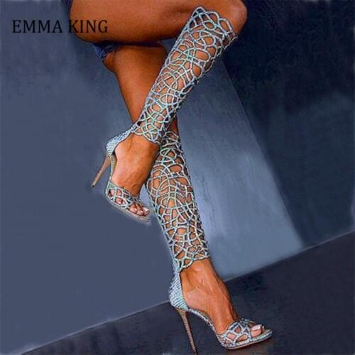 Sexy Women Blue Hollow Out Knee High Boots Peep Toe High Heels Gladiator Boots Back zipper Woman Sexy Nightclub Sandals Boots