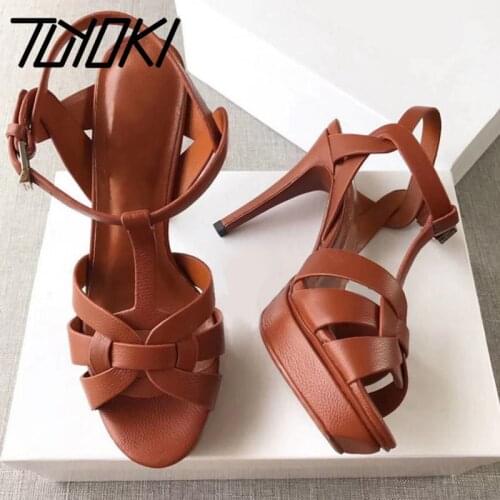 Tuyoki Summer New Real Leather Sandals Women Heel 14 cm Platform Shoes Fashion Party Club Women Footwear Size 34-41