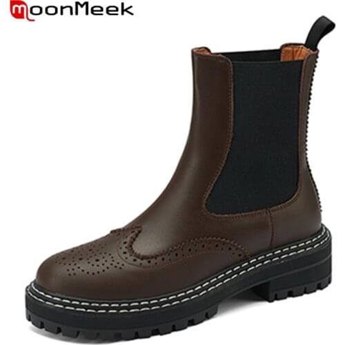 MoonMeek 2022 New Ankle Boots Sewing Square Heels Round Toe Big Size Women Winter Boots Genuine Leather Elastic Band Concise