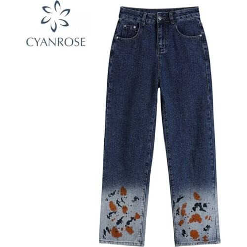 Wide Leg Jeans for Women Bottom Gradient Denim Pants High Waist Full Length Jean Trousers Vintage Graffiti Streetwear 2021 New