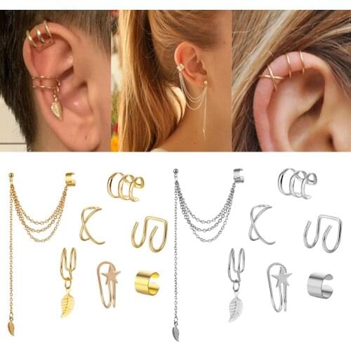 7Pcs Earrings Jewelry Fashion Personality Metal Ear Clip Leaf Tassel Earrings for Women Gift Pendientes Ear Cuff Caught In Cuffs