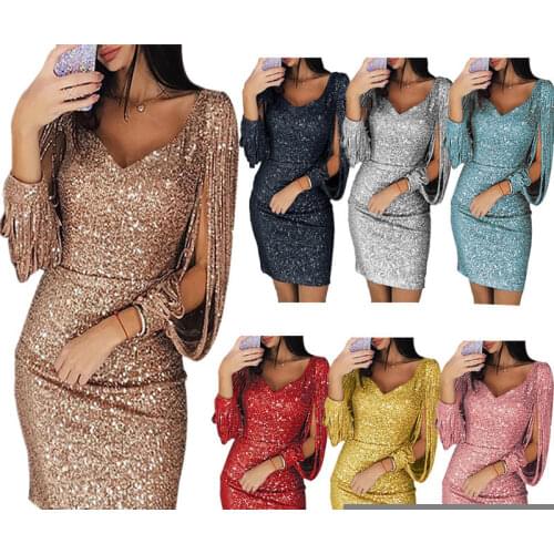 Women Dresses 2021 Europe And The United States New Hot Sale V-neck Sexy Nightclub Party Fringe Bag