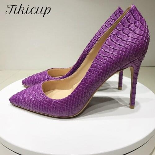 Tikicup Purple Crocodile-Effect Women Sexy Patern Stiletto High Heels Shallow Cut Pointed Toe Chic Pumps Lady Party Shoes