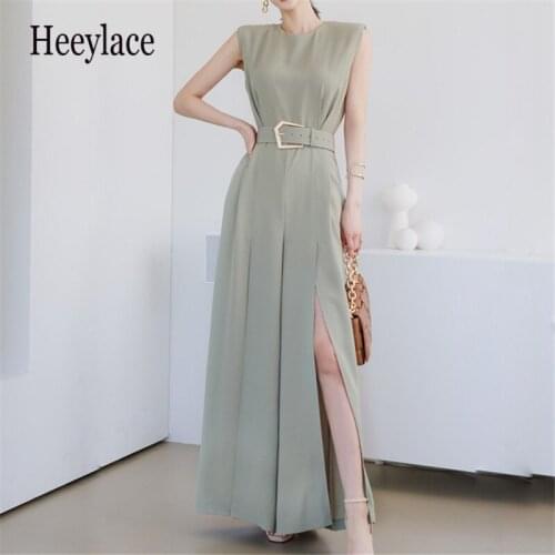 Wide Leg Jumpsuits Design Women 2021 New Summer High Waist Sleeveless Solid Color Jumpsuit Office Lady Overalls With Belt