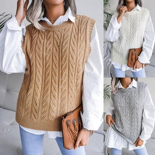 2021 Women O-Neck Hollow Leaf Casual Knitted Vest Sweater Autumn Women Pullover Sweater Female Casual Loose Sleeveless Knit Vest