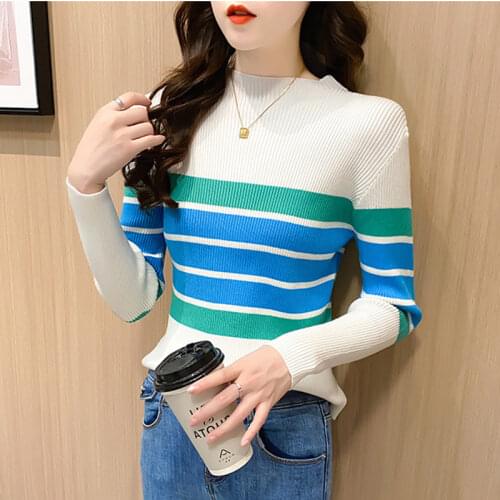 Sweater Women Striped Base Pull Femme Half High Collar Slim Long Sleeve Top Knitted Pullover Women Jersey Mujer Autumn Winter