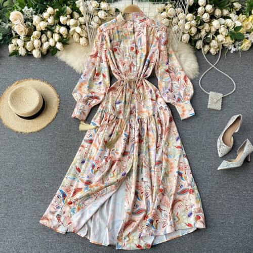 SINGREINY Women Court Wind Print Dress Retro Stand Collar Puff Sleeve Button A-line Dresses Autumn Fashion Streetwear Midi Dress