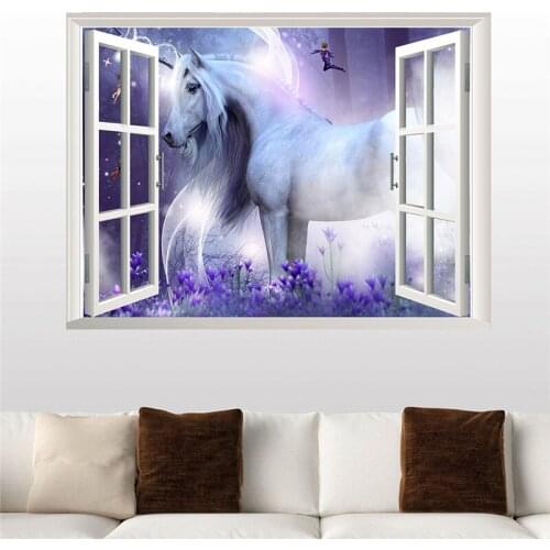 3D Window White Unicorn Wall Stickers for Kids Room Living Room Bedroom Decor Cartoon Animal Wall Sticker Wall Decals Room Decor