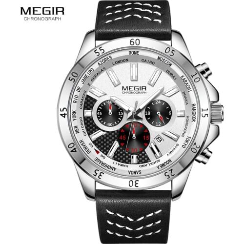 MEGIR Mens Leather Strap Army Sports Watches Waterproof Chronograph Quartz Wristwatch Man Relogios Masculino Clock 2103 White