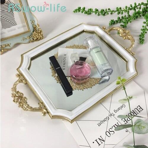 European Retro Resin + Mirror Tray Rectangular Crafts Ornaments Trays Cosmetics Storage Tray Serving Trays For Home Storage