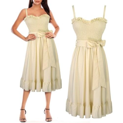 European Style Women Summer Vintage High Street A-line Solid Sashes Party Dress Fashion Sexy Spaghetti Strap Sleeveless Dress