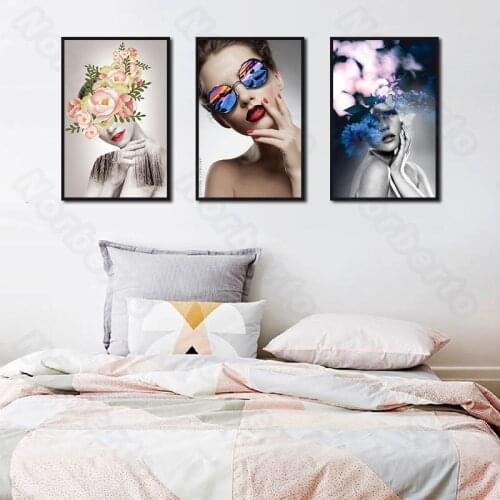 European Style Canvas Painting Wall Poster Modern Fashion Woman with Pink or Blue Flowers and Sunglasses for Home Room Decoratio