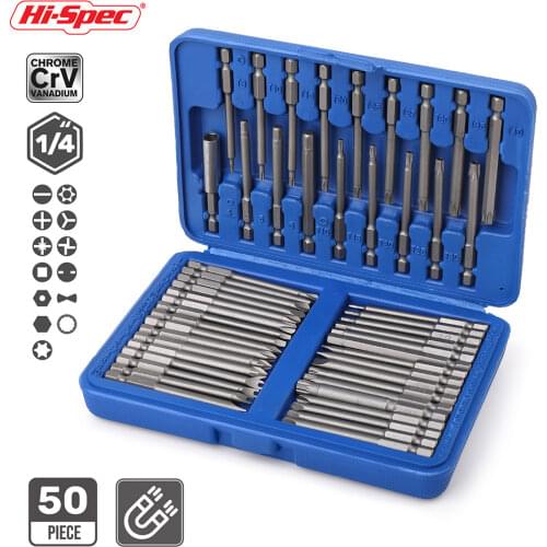 Hi-Spec 50pc 75mm Extra Long Magnetic Screwdriver Bit Set Security Head 1/4 Screwdriver Bits Kit Torx Star Hex Spline Bit Set