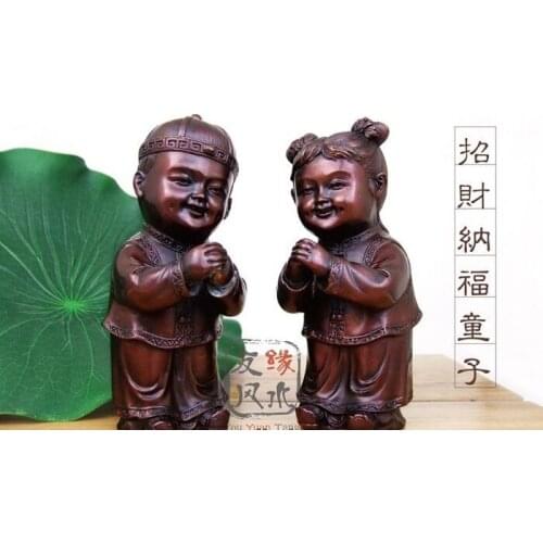 Chinese Feng shui Red Bronze Boy Girl Lucky Boy blessing Auspicious Statue