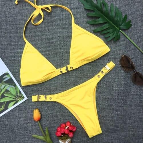 Sexy Swimwear Women Solid Neon Yellow Bikini Bathers Push Up Bra Tie Side G-String Thong Micro Swimsuit Maillot De Bain Femme