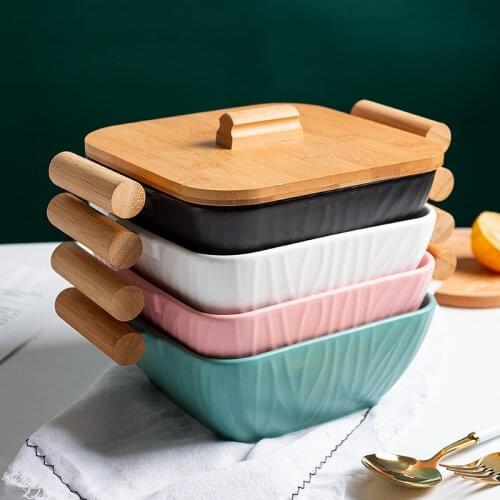 Nordic Ceramic Salad Fruit Plate with Bamboo Lid and Handle Large Capacity Noodle Bowl Soup Dish Storage Tray Kitchen Dinnerware