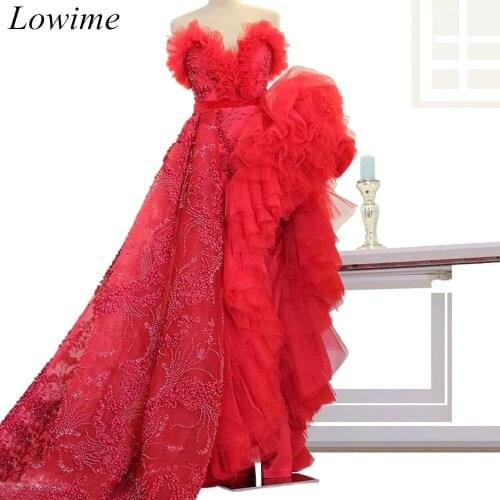New Plus Size Red Muslim Celebrity Dresses 2019 Strapless Pearls Evening Dress Asymmetrical Prom Party Red Carpet Gowns Vestidos